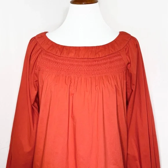 SOLD-Anthropologie Smocked Embroidered Coral Red Peasant Blouse - Picture 5 of 9